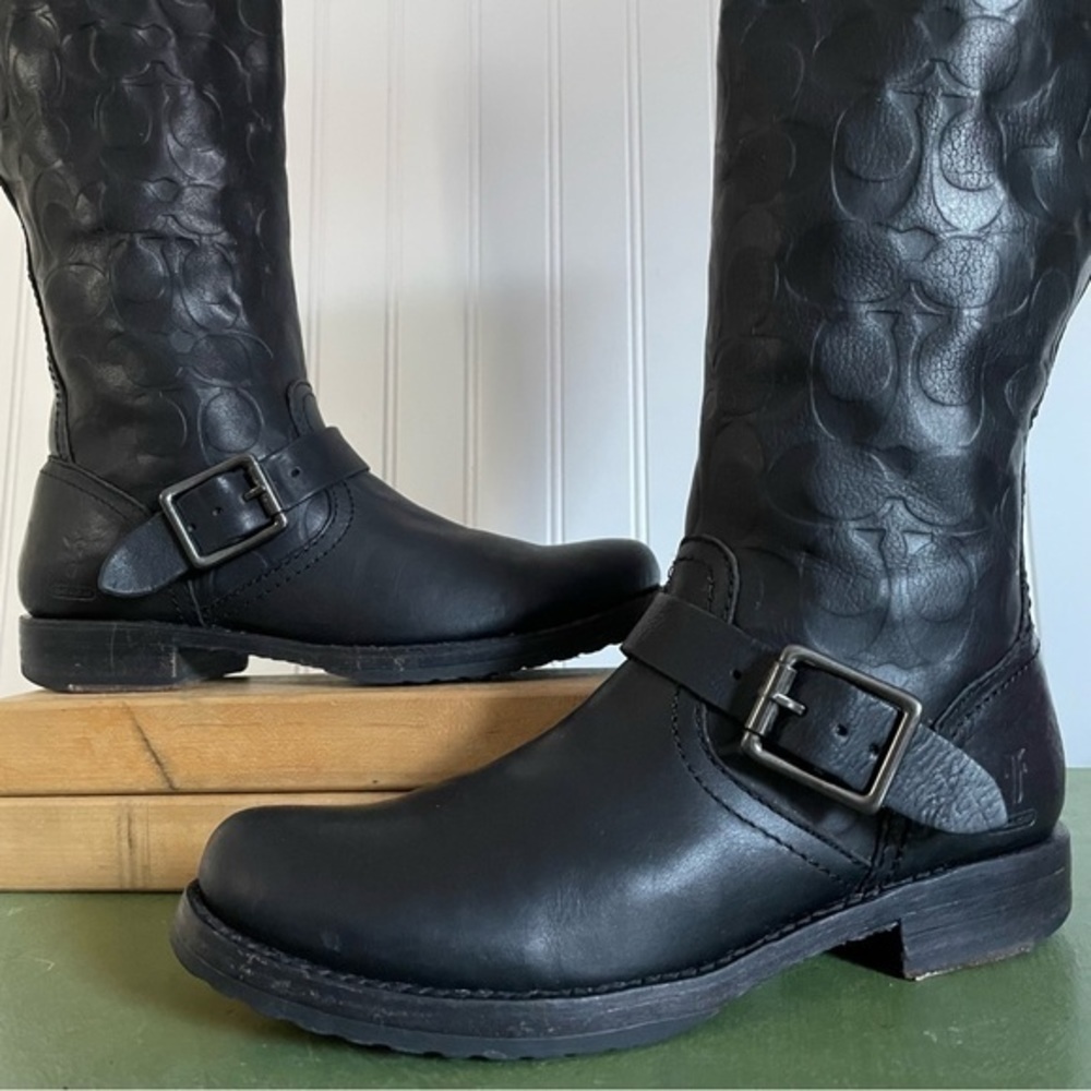 Frye x Coach Collab Knee Boots w Low Key Monogram/Logos - Picture 3 of 15